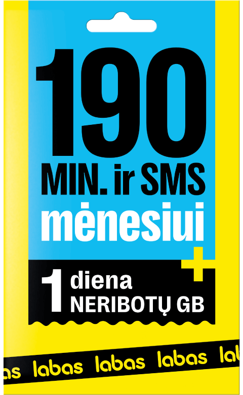 Pakuotė: 190 MIN + 190 SMS + NERIBOTI GB 1 dienai
