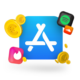 App Store logotipas su monetomis ir populiarių aplikacijų ikonomis